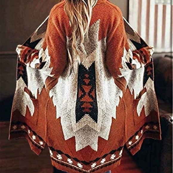 New Native Print Fringed Blanket Cardigan Sweater - Picture 2 of 2